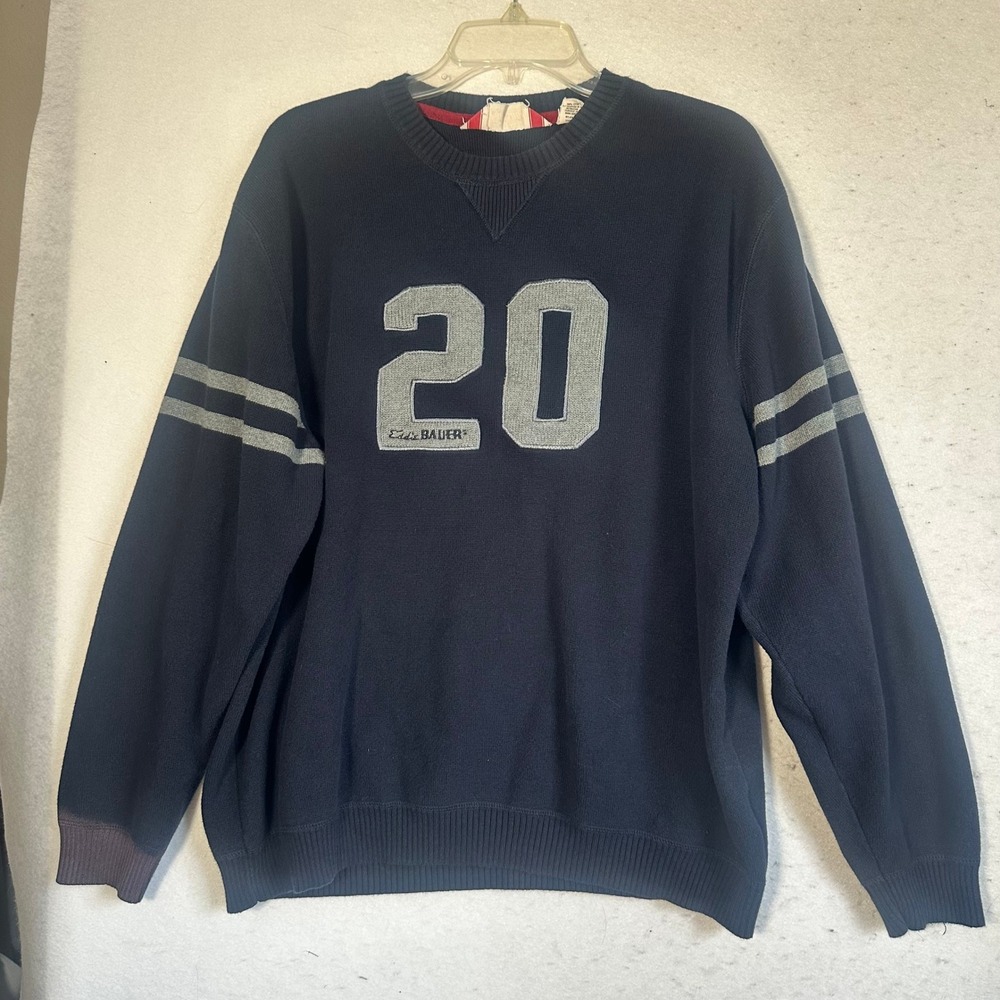 Vintage Eddie Bauer Navy Blue Cotton Sweater XL 20 Graphic Striped Sleeve Crew